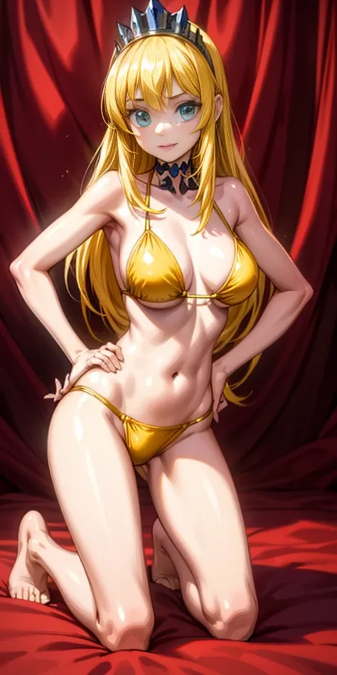 Princess Nina wearing yellow bikini, hands on hips, kneeling 