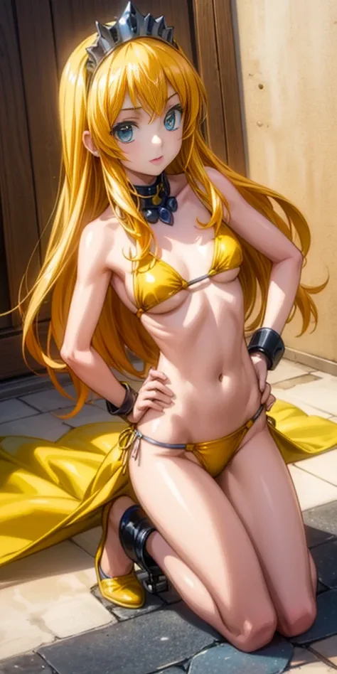 Princess Nina wearing yellow bikini, hands on hips, kneeling, shackles wristbands