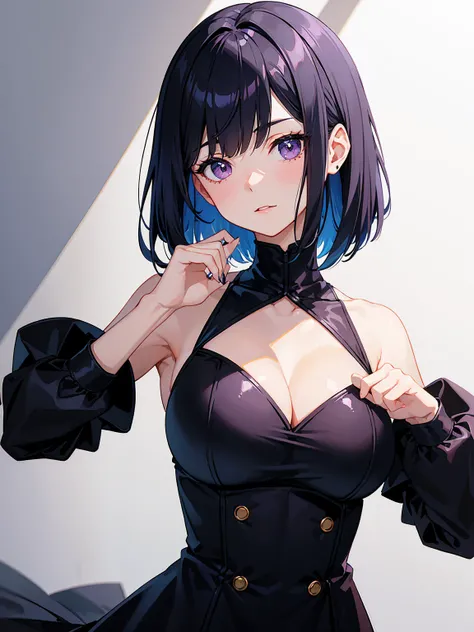 Anime-style portrait of a girl with a deep violet bob cut making eye contact with the camera, bright eyes, subtle smile, minimalistic background to emphasize character, high contrast, clean lines, digital painting, vivid colors, The girl wears her hair in ...