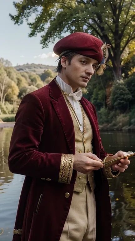 Lakeside, sunlight, Male medieval baron, rich, splendid clothing, jewellery, gold necklace, velvet beret (beret with pheasant feather), fishing, servants