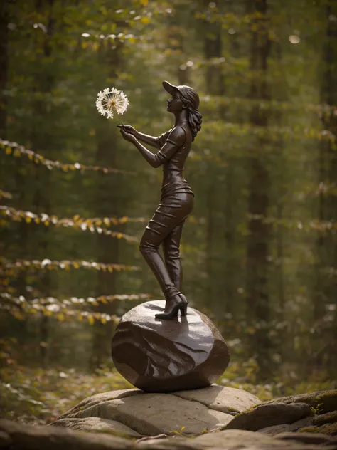 araffe sculpture of a woman holding a dandelion on a rock, surreal metal sculpture, metal sculpture, award winning sculpture, st...