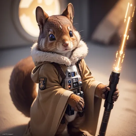 (best quality,ultra-detailed,realistic,photorealistic:1.37),furry squirrel wearing a Star Wars Jedi uniform,adorable,soft,fuzzy,playful,expressive brown eyes,small and rounded body,tiny paws,detailed Jedi robe with brown fabric and hood,lightsaber,light si...