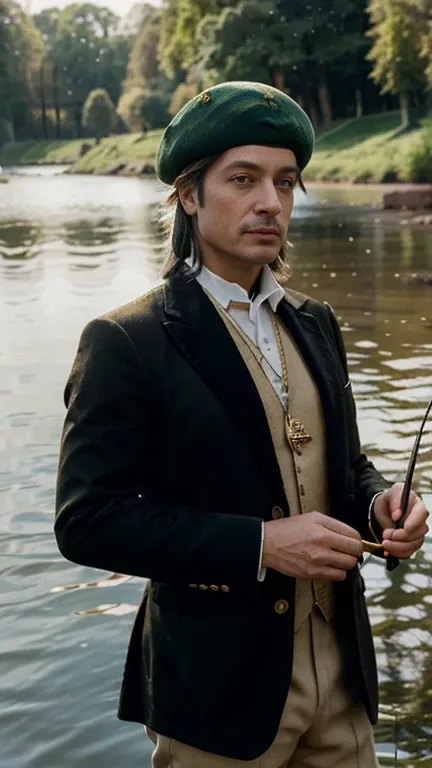 Lakeside, sunlight, Male medieval baron, rich, splendid clothing, jewellery, gold necklace, velvet beret (beret with pheasant feather), fishing, (fishing pole in hand) (servants)