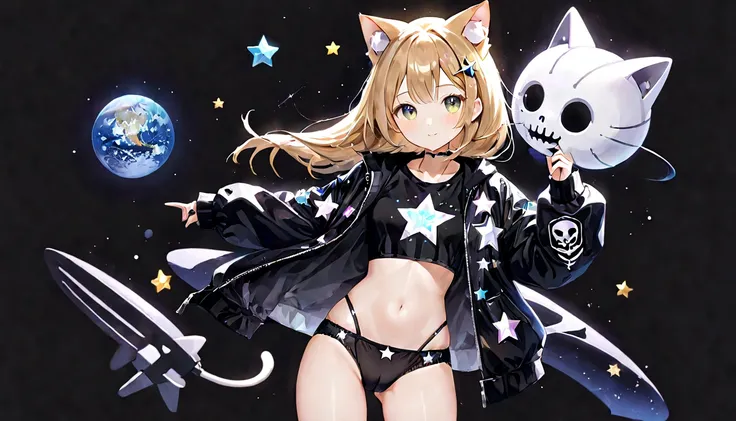 universeを飛ぶ、Cat ear、Girl、Futuristic clothing、Cute Underwear、Skeleton Jacket、Underwear is visible、Clean background、star、universe、wooden、土star、Black Background、飛ぶGirl