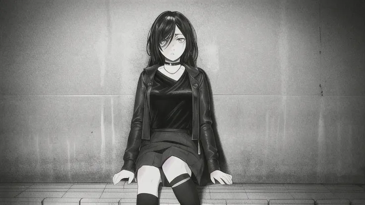 highest quality, Intricate details, Line art, Monochrome,

One girl, Long Hair, Black Hair, Messy Hair, Hair on one eye, Sharp eyes, 

choker, shirt, Torn legwear, Open jacket, 

Against the wall, Brick wall, graffiti, Dim lighting, alley

