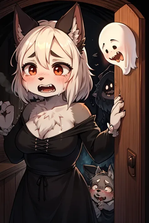 Hairy wolf mom , round face , moist round eyes , Swollen cheeks , scream , glossy lips , Gothic summer dress , in the Haunted house , could not hold pee in fear , (peeping traditional ghost:1.2) , escape , look of pain