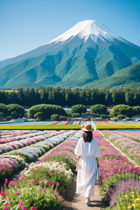 1girl, Blue skies, flower fields as far as the eye can see, white clothes, Fuji Mountain