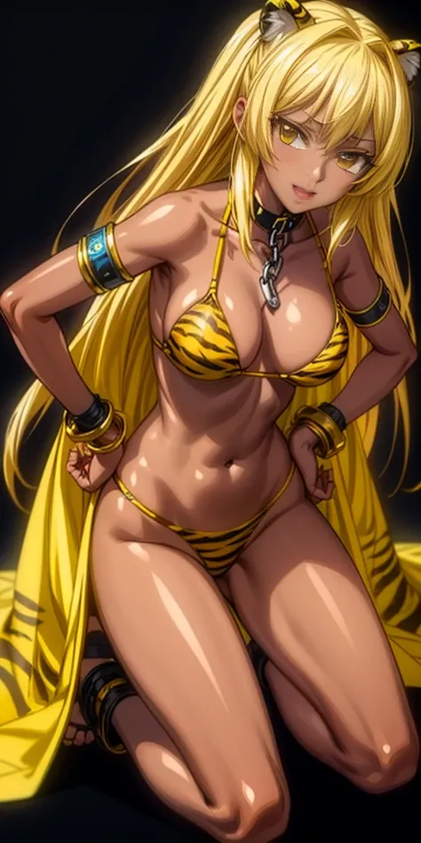 (plain black background) (black gyaru darkest skin) Princess Nina wearing yellowish tiger print bikini, hands on hips, kneeling, golden = (shackles wristbands, chains, bracers, handcuffs) leather collar choker, metal sandals, big knockers, happy