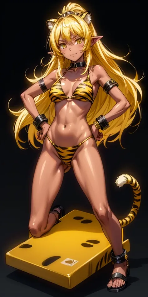 (black background) (black gyaru darkest skin) (pointy ears) (tiger tail) Princess Nina wearing yellowish tiger print bikini, hands on hips, full body kneeling, golden = (shackles wristbands, chains, bracers, handcuffs) leather collar choker, metal sandals,...