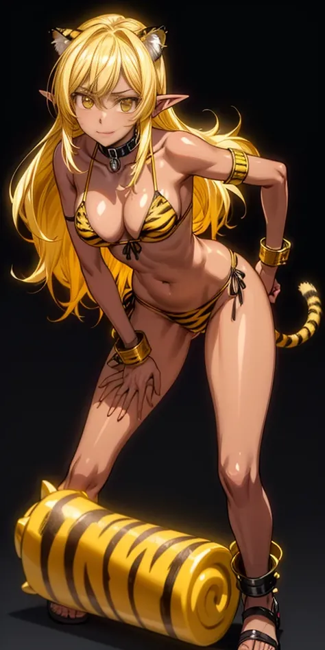 (black background) (black gyaru darkest skin) (pointy ears) (tiger tail) Princess Nina wearing yellowish tiger print bikini, hands on hips, full body kneeling, golden = (shackles wristbands, chains, bracers, handcuffs) leather collar choker, metal sandals,...