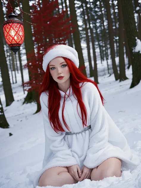 here is a woman with red hair and a white dress sitting in the snow, very long snow colored hair, a sorceress casting a ice ball...