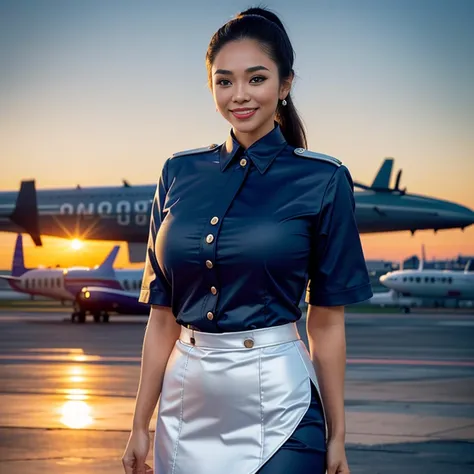 (thai woman),(highponytail),(forehead),(flight attendant uniforms:1.5),(short skirt),(enormous breasts:1.6),(slim waist:1.3),(sm...