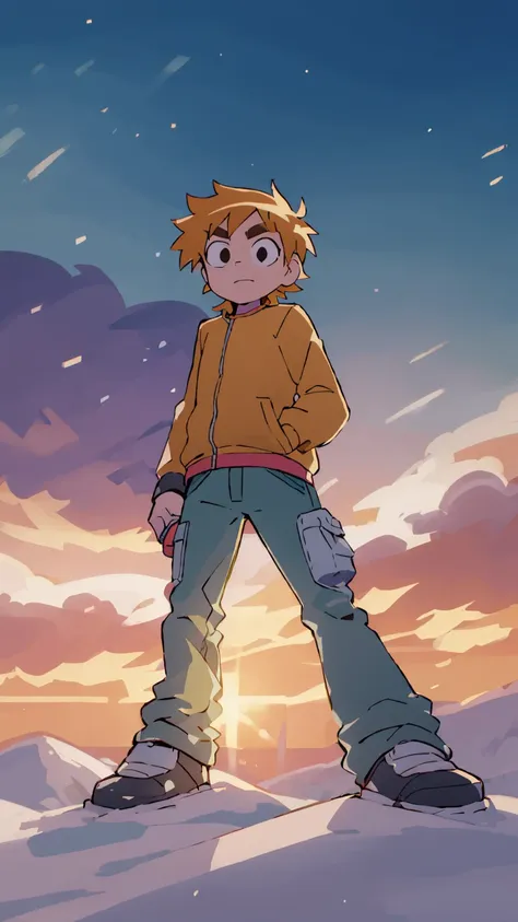 Scott Pilgrim Takes Off A boy Scott Pilgrim Orange hair shirt jacket thick eyebrows Canada A man standing in the snow looking at the camera full-body shot perfect illustration, ultra-detailed, HDR, vibrant colors, soft lighting official art