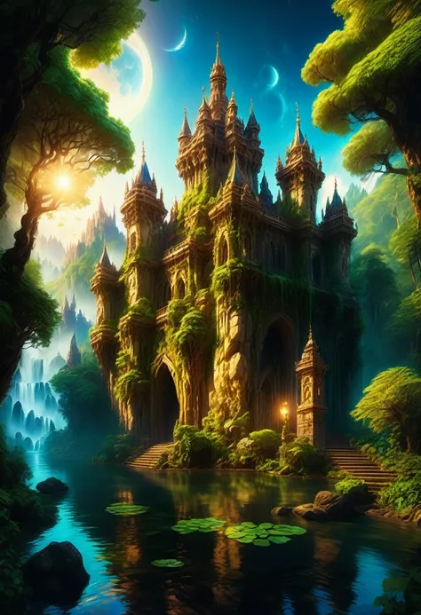 Dream Castle, aesthetic, (best quality,4k,8k,highres,masterpiece:1.2),ultra-detailed,medieval castle,majestic towers,grand entrance gate,mystical atmosphere,enchanted forest,sunlight filtering through the trees,lush greenery,gleaming river,reflection on th...