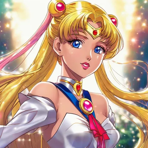 sailor moon basks in a cascading aura of mystical enchantment, radiating vibrant waves of magical energy. she gracefully utters ...