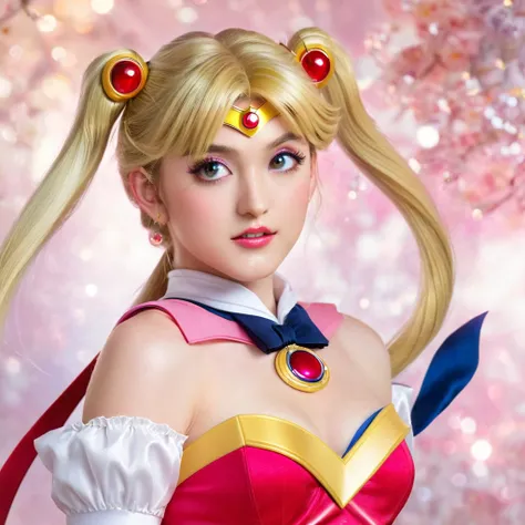 sailor moon basks in a cascading aura of mystical enchantment, radiating vibrant waves of magical energy. she gracefully utters ...