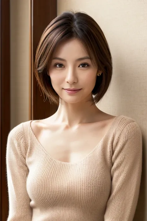 (Highly realistic photos, High resolution, Detailed face, Fine grain) Skinny Japanese woman, 40 years old, Cute face, alone:1, Nice body, Thin body type, Small breasts, Thin chest, Accentuates a very slim waist, high neck pullover sweater, Waist up photo