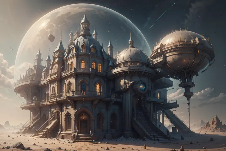 best quality, intricate details, (((castle)) under a dome built on a spaceship) landed on mars, steampunkai, backround, space, s...