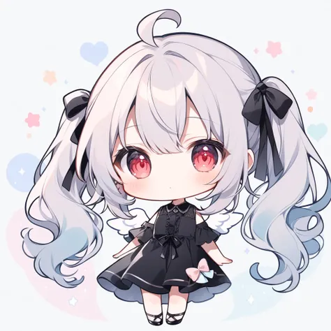 pastel colors, chibi, little angel, 1girl, red eye, twin tails, silver hair, ahoge, black ribbon, black dress