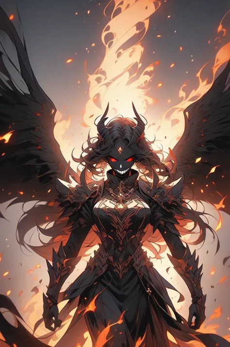 demon woman, black armor, burning city, burning skeletons, floating, huge wings, fire, evil smile, burning eyes, hell