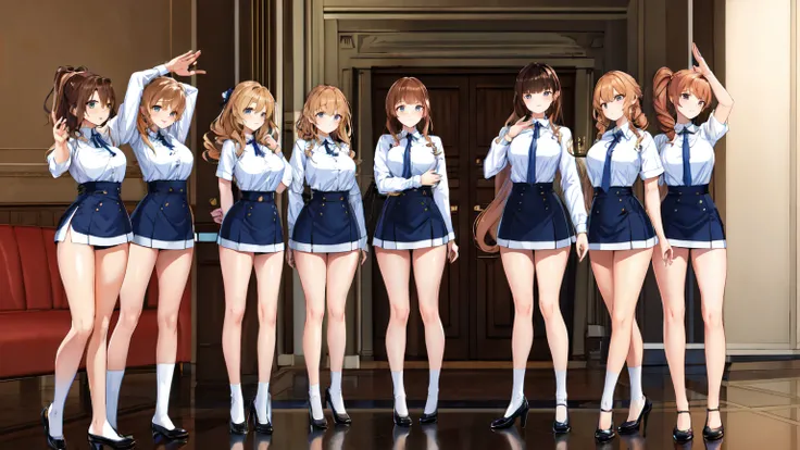 masterpiece, highest quality, High resolution, 10+girl, crowd, Identical sister, clone, An orderly line of sisters, An orderly line of sisters, Sisters standing in a line, uniform, Matching outfits, Long Hair, Curly Hair, ponytail, Matching hairstyle, Haze...