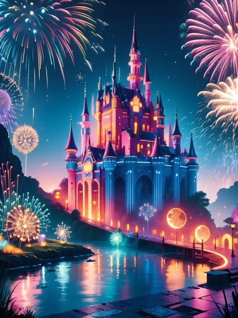 (neon)，circuit board，(moon:1.5)，(bubbles)，(fireworks:1.5)，dreams，(psychedelic)，(neon light)，(a peaceful and magical dream castle...