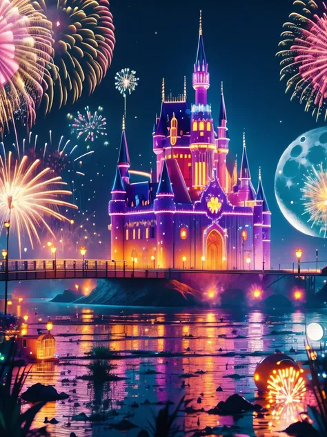 (neon)，circuit board，(moon:1.5)，(bubbles)，(fireworks:1.5)，dreams，(psychedelic)，(neon light)，(a peaceful and magical dream castle...