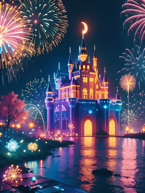 (neon)，circuit board，(moon:1.5)，(bubbles)，(fireworks:1.5)，dreams，(psychedelic)，(neon light)，(a peaceful and magical dream castle...