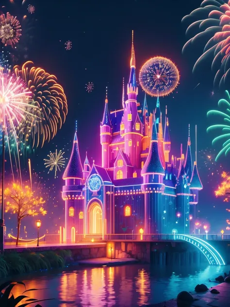 (neon)，circuit board，(moon:1.5)，(bubbles)，(fireworks:1.5)，dreams，(psychedelic)，(neon light)，(a peaceful and magical dream castle...