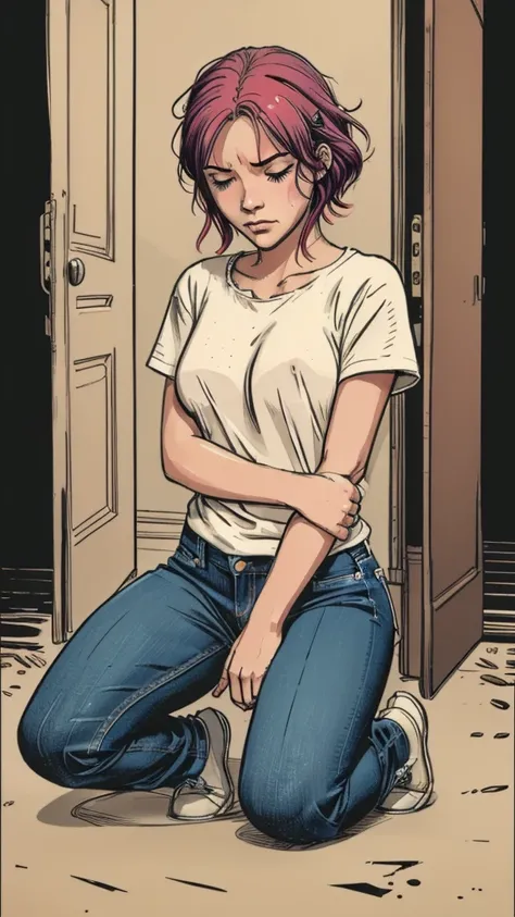 vector image, 2d cartoon,masterpiece, An teenage girl,colored hair, blushed:1.2, sweat,  squirt:1.3,  touch herself sensually, gloomy orgasm, tight worn-out jeans,pull herself down on knees, ((red)),