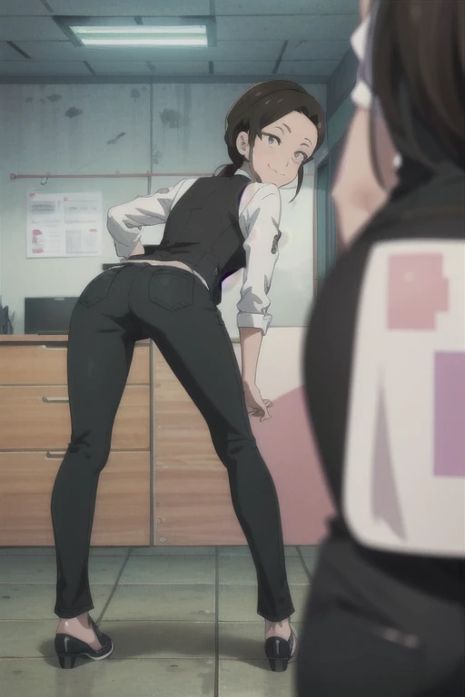 (((pixel-perfect, detail-perfect))), solo, 1girl, yasuko yaegashi, sanpaku, necktie, vest, looking at viewer, smile, black pants, full body, flat torso, back view, shy, bending over, ass, in office 