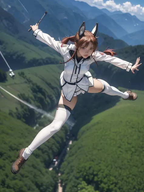 {(masterpiece,best quality, 8K UHD, extremely detailed CG, detailed beautiful face and eyes and skin and hair), (best quality face) }, {(3d ultra realistic photo graphic style:1.4)}, {(1girl free_fall from 10000m above the ground:1.2), (out of focus backgr...