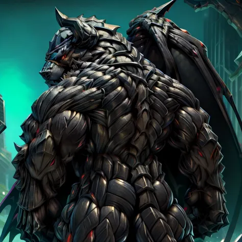 demon lord dragon batzz, BlackKnight_fe, (masterpiece, best quality, detailed:1.2) full body,  detailed full body, a knights mechanical armor, glowing wide and heavy armor, wears full body armor. massive muscles, huge pecs, chiseled abs, huge pectorals, ex...