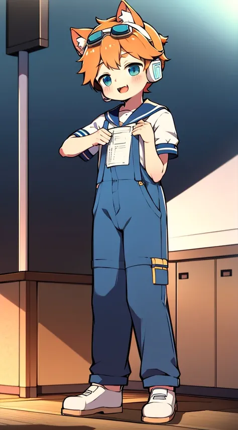 2D Boy Shota，Coverall，Slim, healthy body，Put the headphones on your head，stand up，goggles，Cat ear，happy，Sailor collar，Lovely，Love，Short sleeve