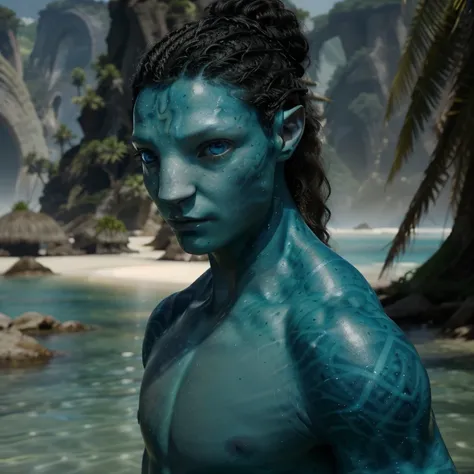 avtr:1.1, avatar style, portrait:1.6, 1boy, male, (avaonung), (blue skin tone:1.0), (long curly hair in a bun hairstyle:1.0), bl...