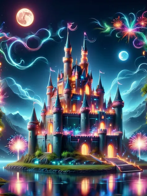 (neon)，circuit board，(a mysterious dream castle:1.5), night，(moon:1.5)，(bubbles)，(fireworks:1.5)，dreams，(psychedelic)，(neon ligh...