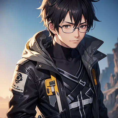 a close up of a person with glasses and a jacket, animestyle, black hair, makoto, okita sougo, makoto shinka, sougo okita, anime handsome man, shinkai makoto, male anime character, hijikata toushirou, roguish smirk, range murata and artgerm, makoto shinkai...