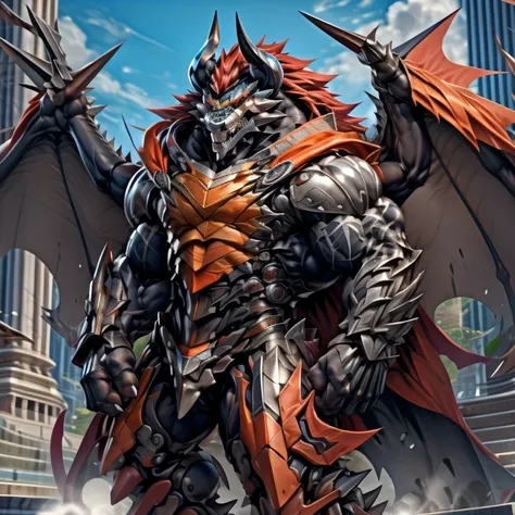 demon lord dragon batzz,  (masterpiece, best quality, detailed:1.2) full body, detailed full body, a knights mechanical armor, glowing wide and heavy armor, wears full body armor. massive muscles, huge pecs, chiseled abs, huge pectorals, exaggeratedly huge...