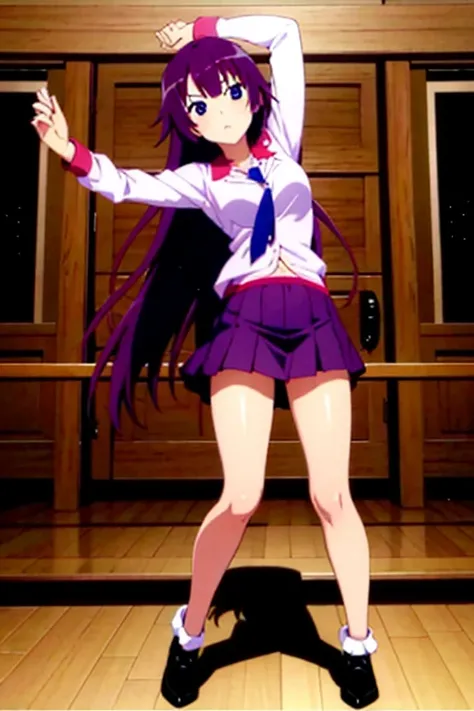 1 girl,，The Temptation of Emojis，Senjougahara Hitagi, alone, Upper limbs, skirt, Long Hair, Naoetsu High School , blue eyes, Juliet Sleeve, , Purple Hair, shirt, zettai ryouiki, Medium chest, とてもLong Hair, 紫のskirt, ミニskirt，Dancing in a nightclub,（Full body...