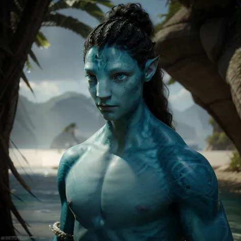 avtr:1.1, avatar style, portrait:1.6, 1boy, male, (avaonung), (blue skin tone:1.0), (long curly hair in a bun hairstyle:1.0), bl...