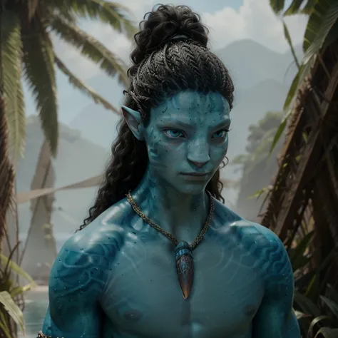 avtr:1.1, avatar style, portrait:1.6, 1boy, male, (avaonung), (blue skin tone:1.0), (long curly hair in a bun hairstyle:1.0), bl...