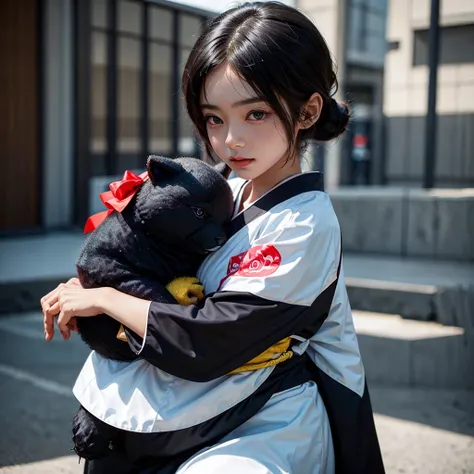 asian girl with short black hair wearing japanese  hugging stuffed animal outside school, best quality, ultra realistic, perfect body, beautiful face