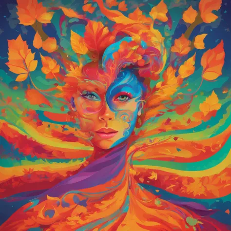 woman、body paint、Autumn colors、autumn leaves、sunset