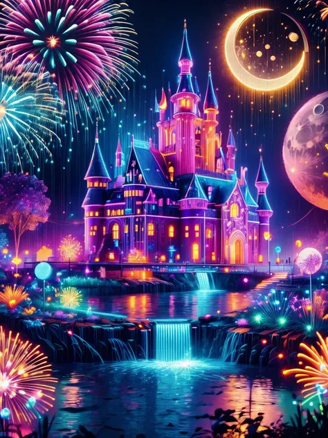 (Neon)，Circuit Board，(moon:1.5)，(Bubbles)，(fireworks:1.5)，Dreams，(Psychedelic)，(Neon light)，(A peaceful and magical dream castle)，In this vibrant，Charming surroundings，center，A dreamy and majestic castle，Central Lake，Surrounded by a variety of aquatic plan...