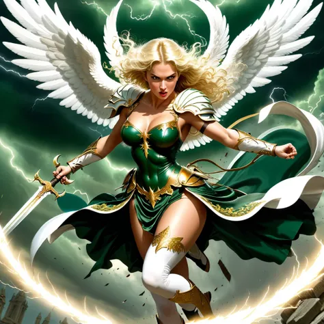 (best quality:1.2,comics art:1.1,vivid colors,victorius scene,beautiful vintage angel warrior woman with very big bulky white wings, WIELDING one sword,((dark green dress with gold embroid details)),little breasts, determined face expression,(((corpo de fr...