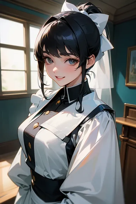 (Highest Resolution, clear_image) highest quality, Single person, One Woman, alone, masterpiece, Very detailed, Semi-realistic, Black Hairのショートヘア, Black Hair, bangs, 18-year-old, mature, light blue uniform, uniform, Indoor Background, kind, Authoritative, ...