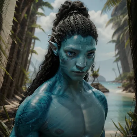 avtr:1.1, avatar style, portrait:1.6, 1boy, male, (avaonung), (blue skin tone:1.0), (long curly hair in a bun hairstyle:1.0), bl...