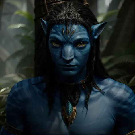 avtr:1.1, avatar style, portrait:1.6, 1boy, male, (AvNeteyam), (blue skin tone:1.0), (long hair:1.0), black hair color, yellow eyes, (adult), 18 years old:1, face wrinkles, wearing tribal clothing, detailed eyes, toned body, muscled body, vibrant colors, g...