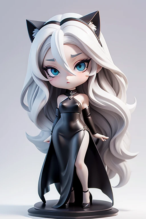 straight hair,whole body,black dress,platinum hair,white background,long hair.simple background,solo,1 girl,Cat ear,body in front,face forward.bronze statue,statue of liberty.queen consort