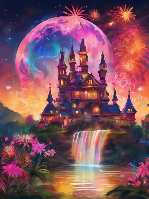 (Neon)，Circuit Board，(moon:1.5)，(Bubbles)，(fireworks:1.5)，Dreams，(Psychedelic)，(Neon light)，(A peaceful and magical dream castle)，In this vibrant，Charming surroundings，center，A dreamy and majestic castle，Central Lake，Surrounded by a variety of aquatic plan...